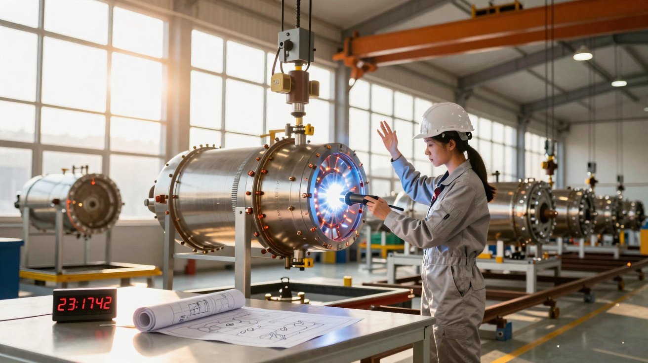 Mulher com capacete trabalhando em um equipamento industrial cilíndrico brilhante em fábrica moderna.