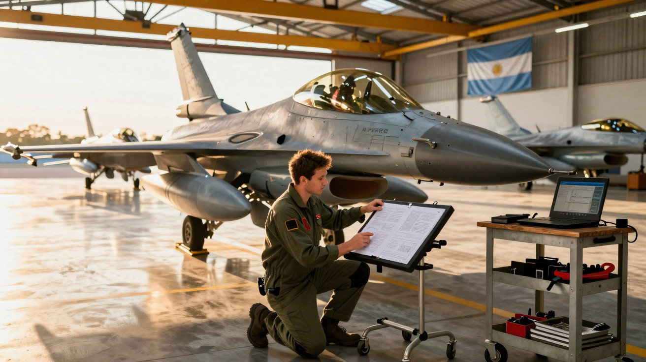 Militar revisando documentos técnicos perto de caça F-16 em hangar com bandeira da Argentina ao fundo.