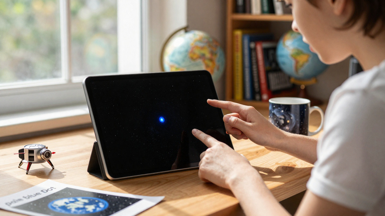 Criança interagindo com tablet mostrando ponto azul no espaço, em mesa com globo, livro e mini foguete.