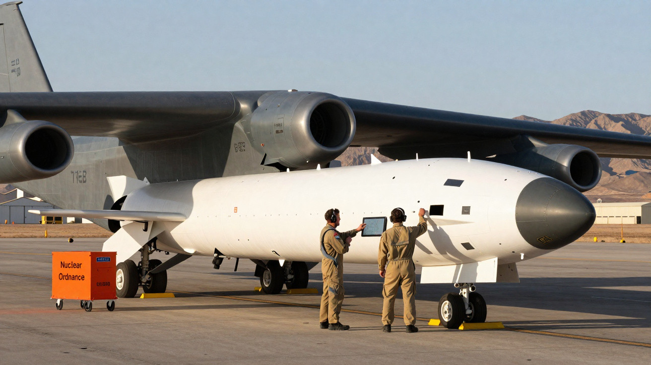 Dois militares inspecionam uma bomba nuclear sob a asa de um avião militar em pista de aeródromo.