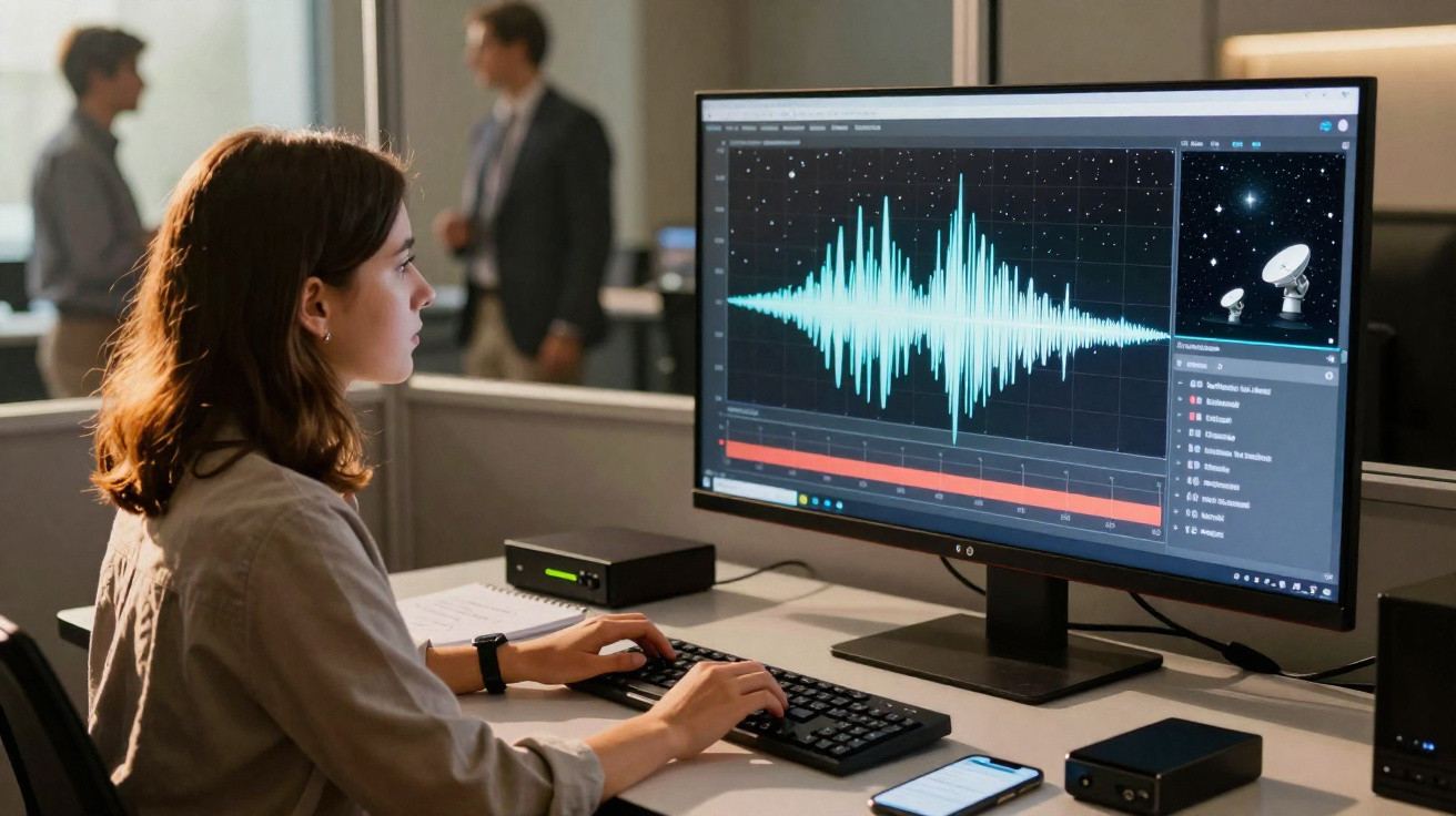 Mulher analisando dados de ondas sonoras em monitor de computador em escritório moderno com pessoas ao fundo.