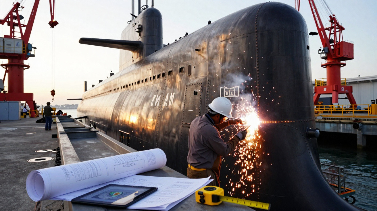 Trabalhador com capacete soldando casco de submarino em doca com equipamentos e plantas ao lado.