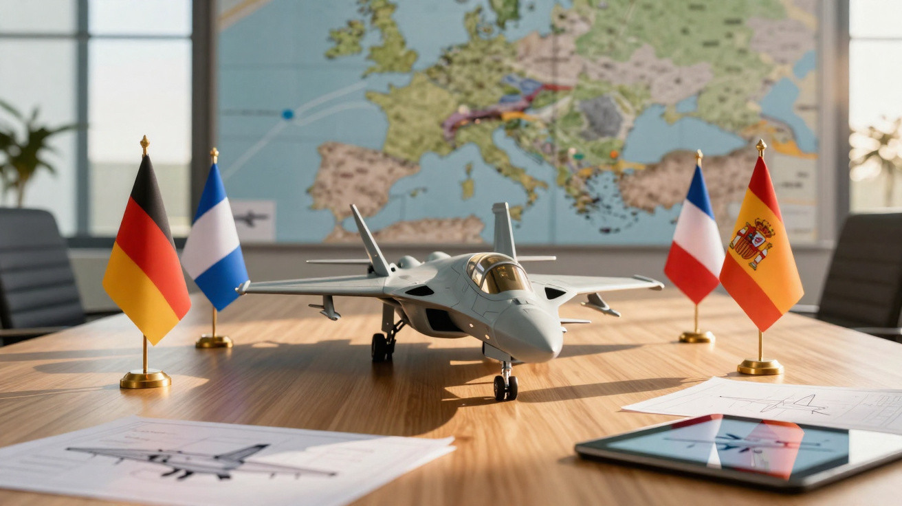 Modelo de avião de caça em mesa com bandeiras da Alemanha, França e Espanha e mapa da Europa ao fundo.