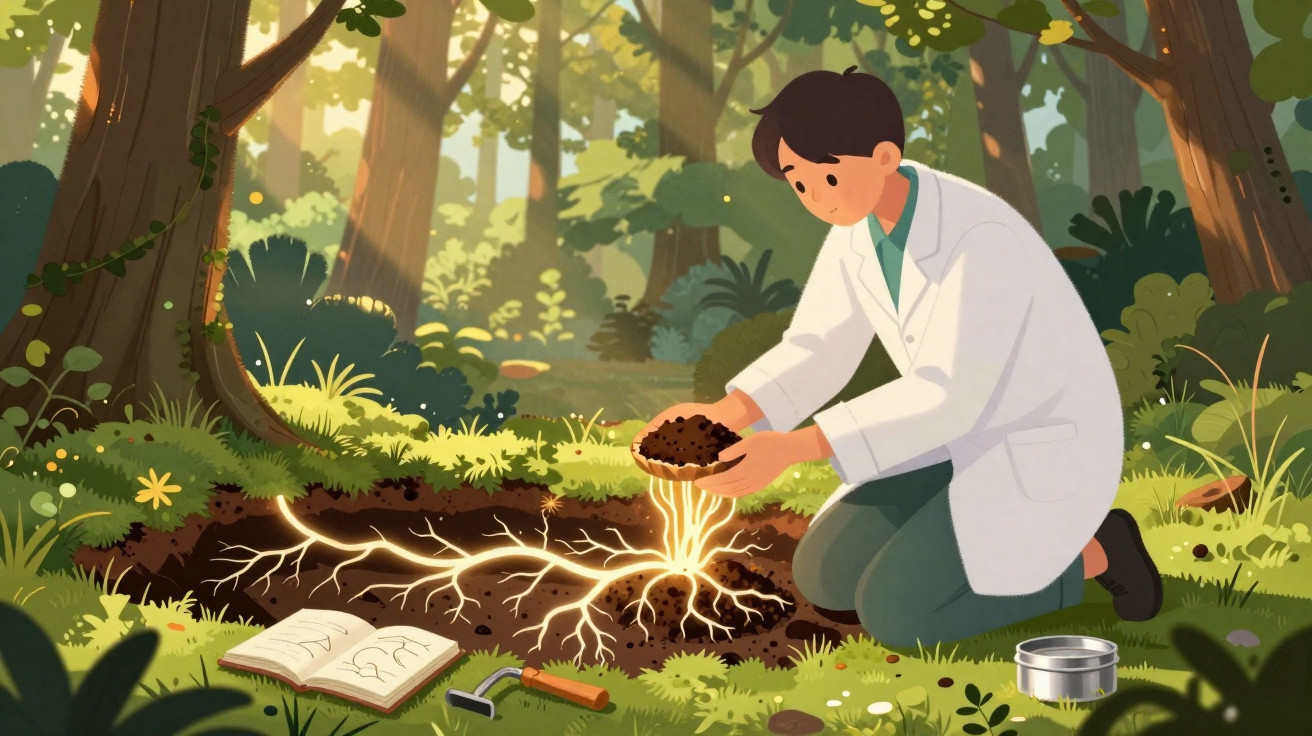 Homem de jaleco examinando raízes brilhantes no solo de uma floresta enquanto estuda sobre o crescimento das plantas.