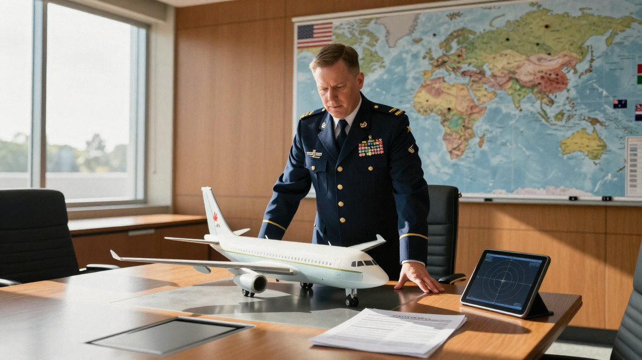 Homem em uniforme militar observa modelo de avião em sala com mapa-múndi ao fundo.