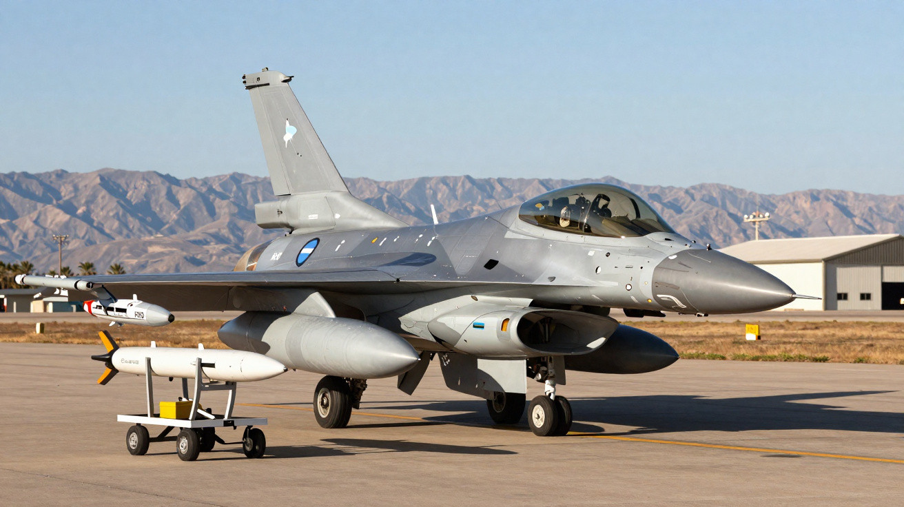 Caça F-16 cinza estacionado em pista de aeroporto com montanhas ao fundo em dia ensolarado.