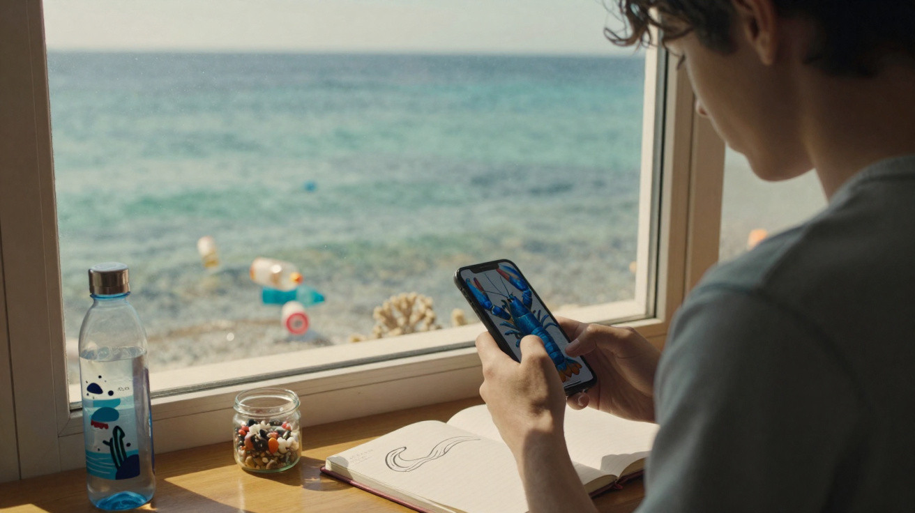 Pessoa usando celular enquanto senta em mesa com caderno aberto e garrafa, com vista para o mar pela janela.