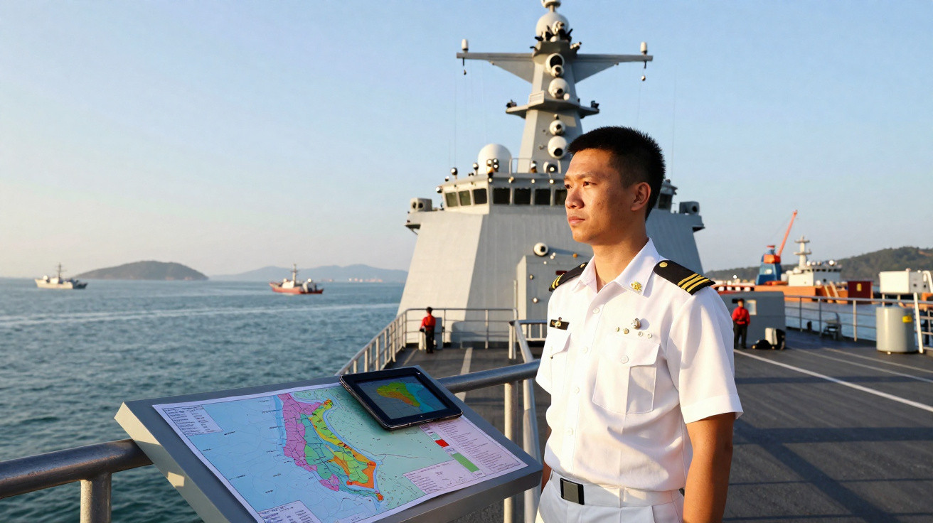 Marinheiro em uniforme branco observa o mar no convés de um navio militar com mapa e tablet à frente.