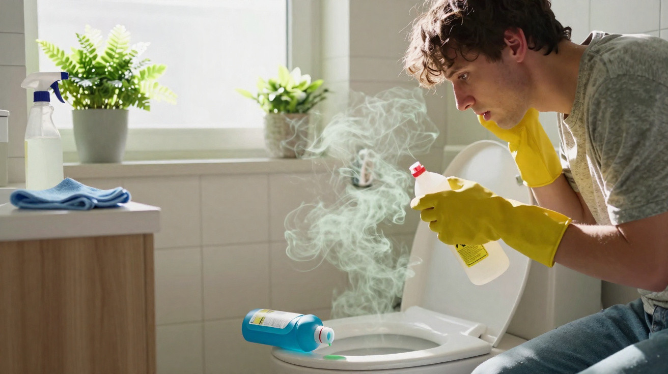 Homem de luvas amarelas cheira produto químico com vapor saindo da privada no banheiro.