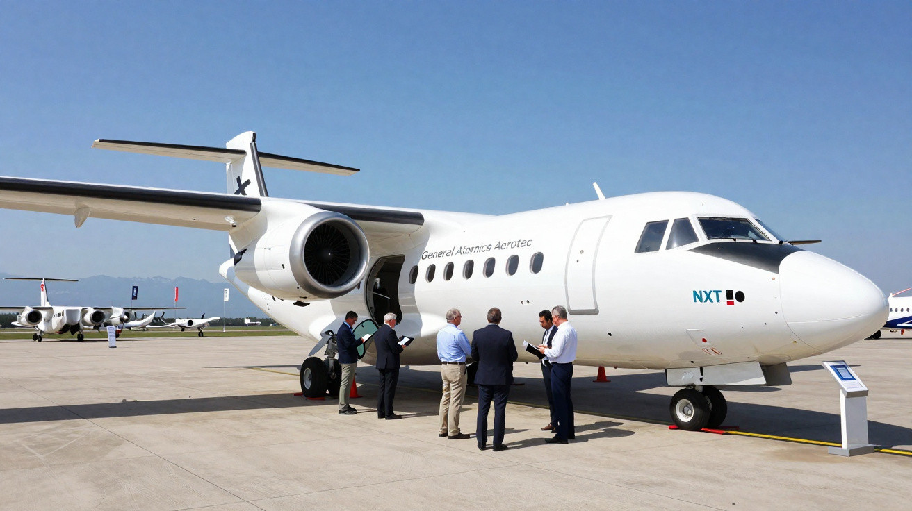 Aeronave branca estacionada no pátio com seis pessoas em pé ao lado em dia ensolarado.