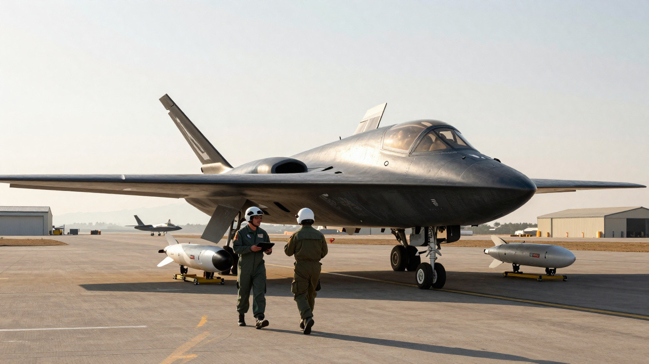 Avião militar furtivo preto estacionado em pista com duas pessoas em uniforme conversando à frente.