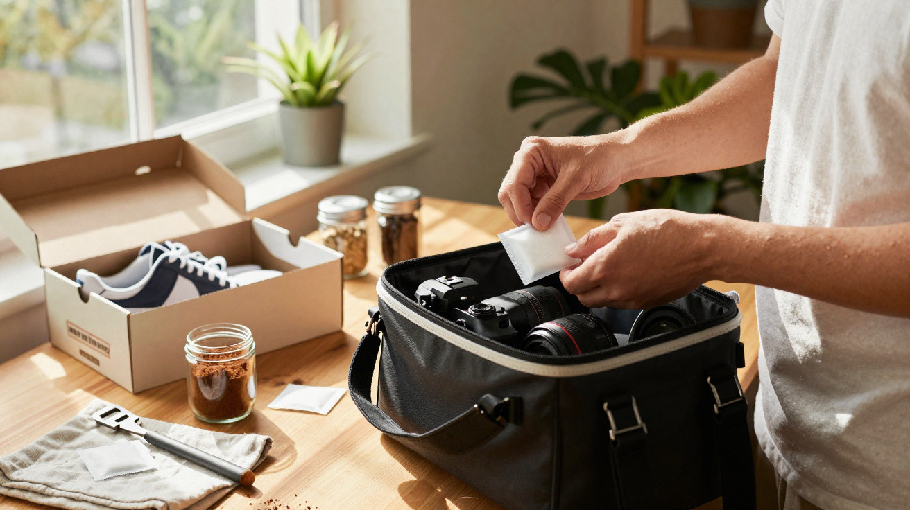Pessoa guardando sachê dessecante em bolsa com câmeras e lentes sobre mesa com tênis, café e plantas.