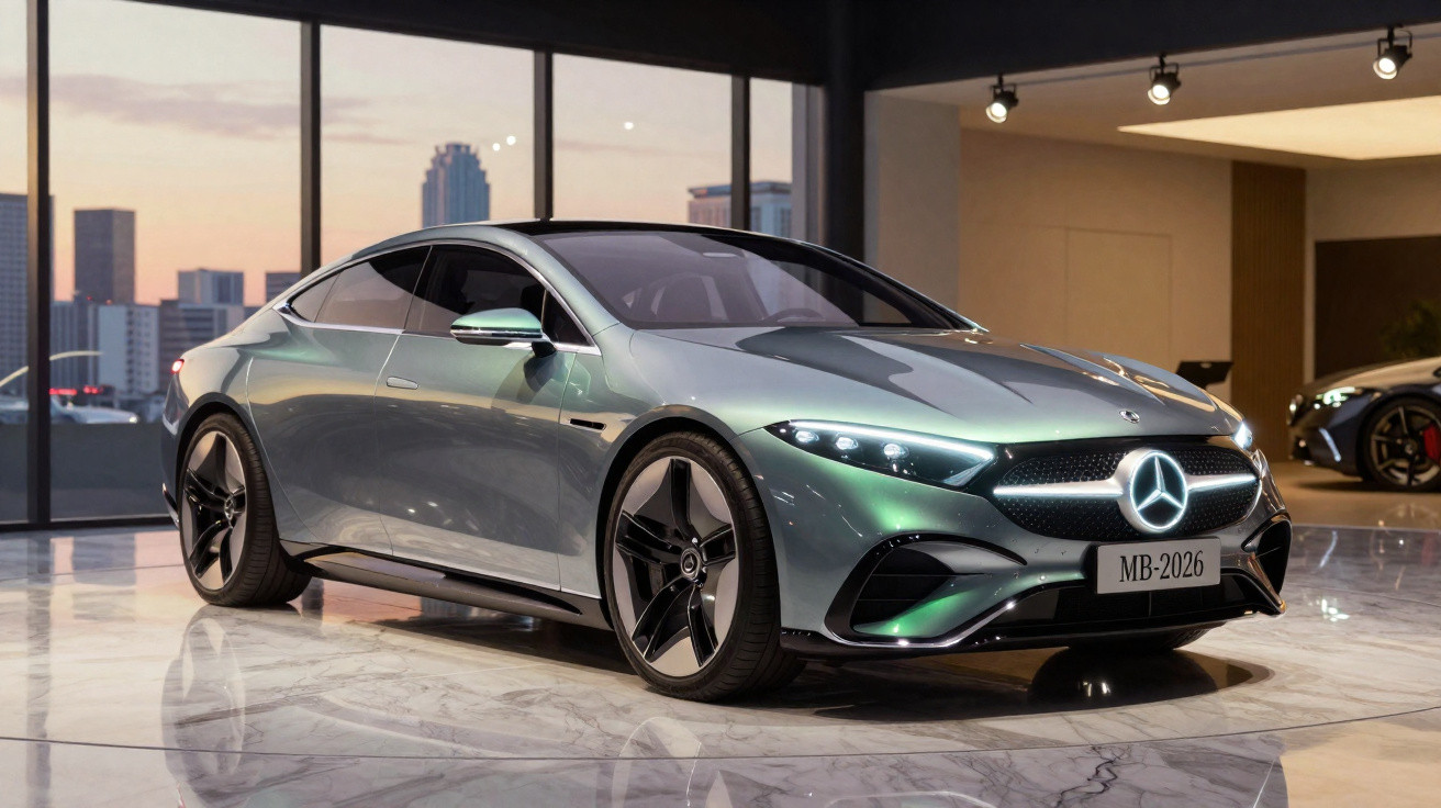 Carro elétrico Mercedes-Benz prata estacionado em showroom moderno com grandes janelas e vista da cidade ao entardecer.
