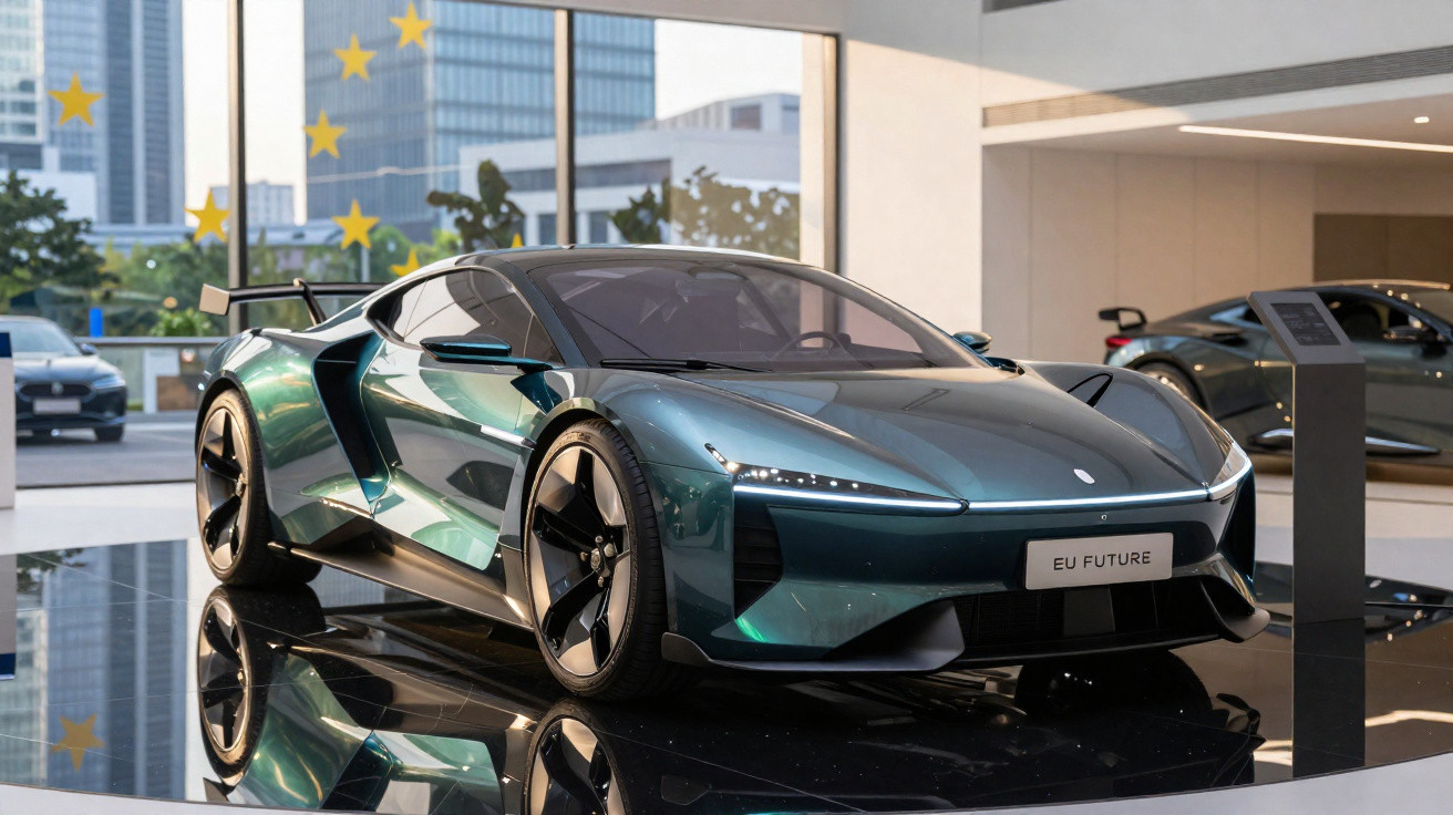 Carro esportivo futurista verde metálico expositor em salão moderno com grandes janelas e edifícios ao fundo.