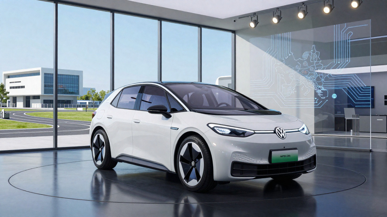 Carro elétrico branco Volkswagen ID.3 em showroom moderno com grandes janelas e iluminação focada.