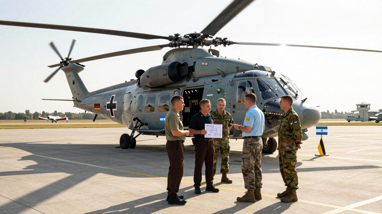 Cinco militares conversam em área de pouso ao lado de helicóptero cinza estacionado em dia claro.