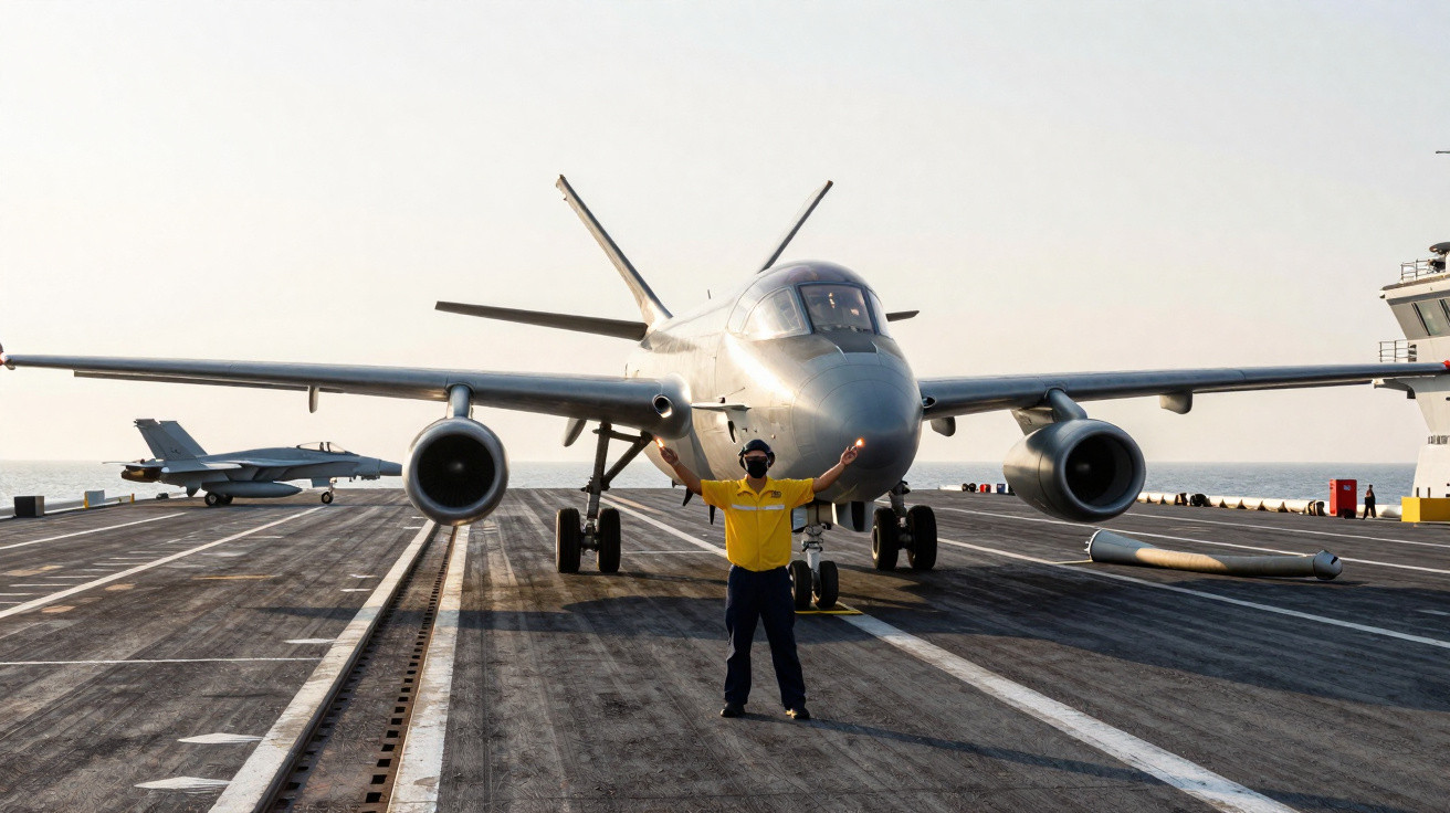 Avião militar na pista de um porta-aviões com operador de sinais em uniforme amarelo diante dele.