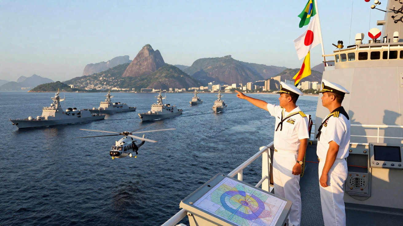 Dois oficiais da marinha observam esquadrilha de navios e helicóptero em baía com montanhas ao fundo.