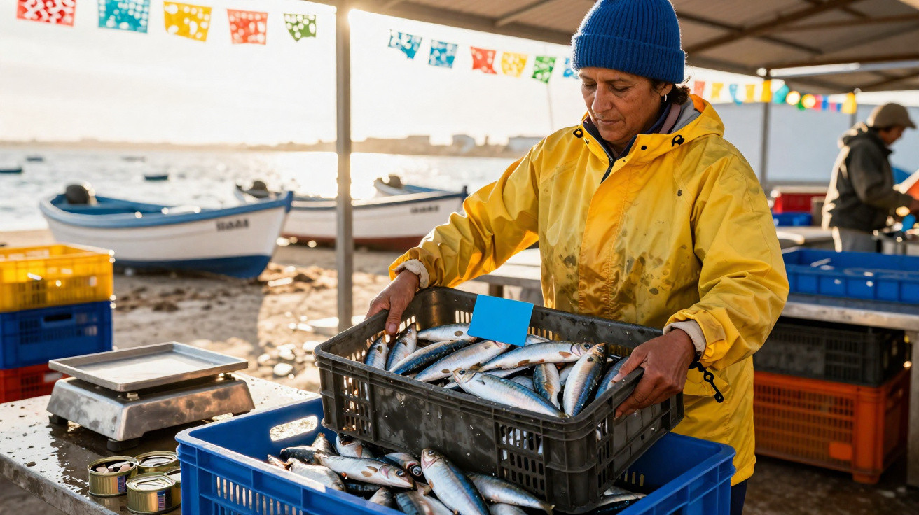 Pescadora com casaco amarelo organizando peixes em caixa plástica em mercado próximo ao mar.