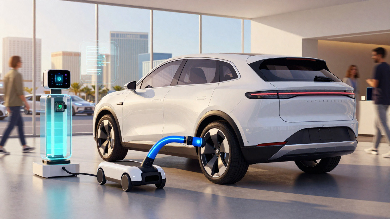 Carro elétrico branco sendo carregado por robô mobiliário em ambiente interno moderno com pessoas ao fundo.