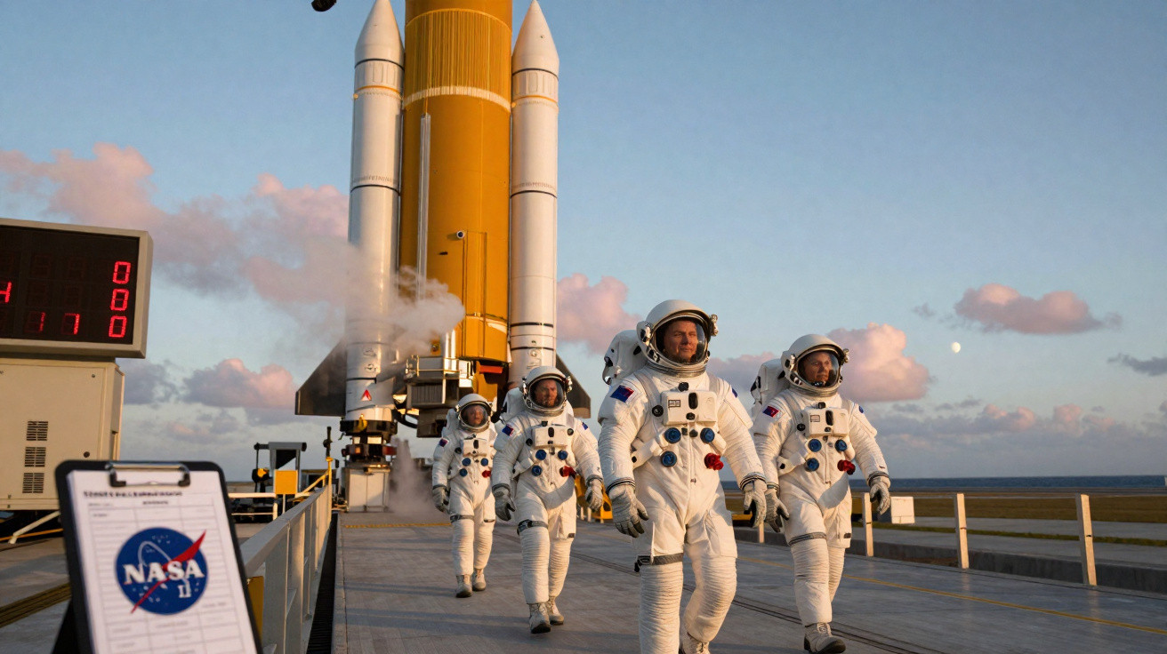 Astronautas em trajes espaciais caminhando em direção a foguete da NASA na plataforma de lançamento.
