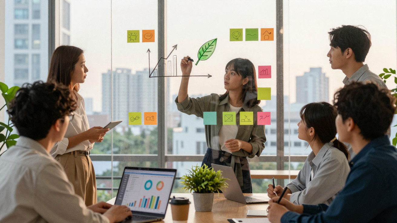Equipe reunida em sala moderna discutindo estratégias e gráficos em vidro transparente com post-its coloridos.