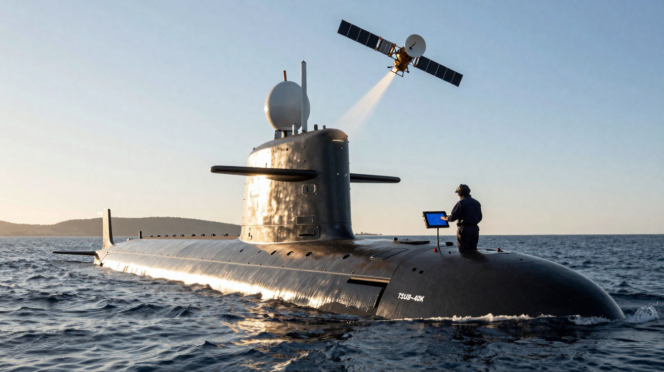 Submarino na superfície do mar com um operador e transmissão de dados para satélite ao entardecer.