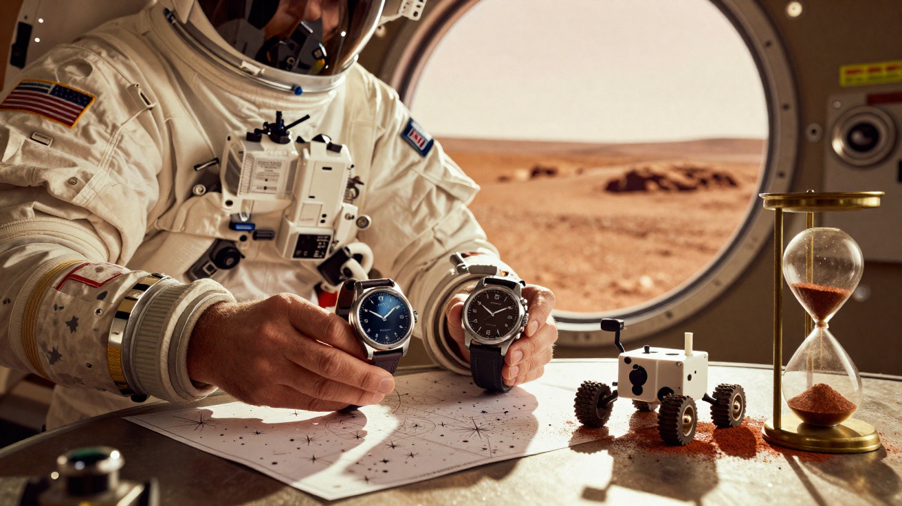 Astronauta em traje espacial segurando dois relógios dentro de nave com vista para superfície marciana.