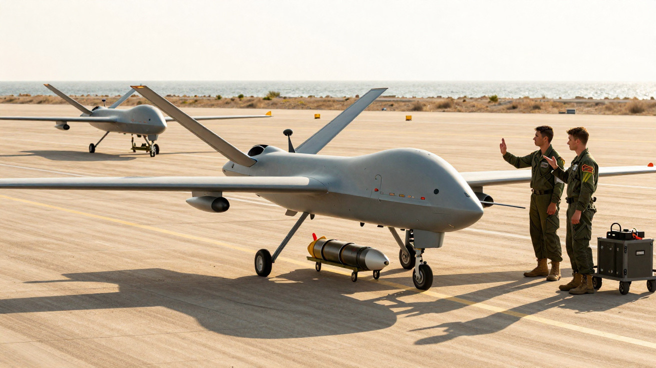 Dois militares próximos a drones militares estacionados em pista de aeroporto à luz do dia.