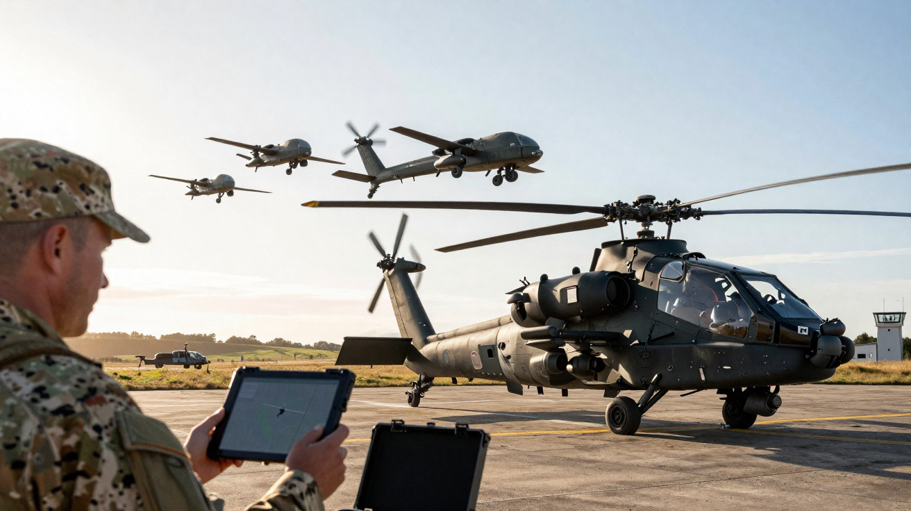 Militar controla operação com tablet próximo a helicóptero Apache e drones voando ao fundo em pista de aeroporto.