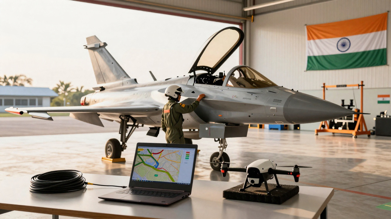 Soldado próximo a caça militar com laptop e drone em hangar com bandeira da Índia ao fundo.