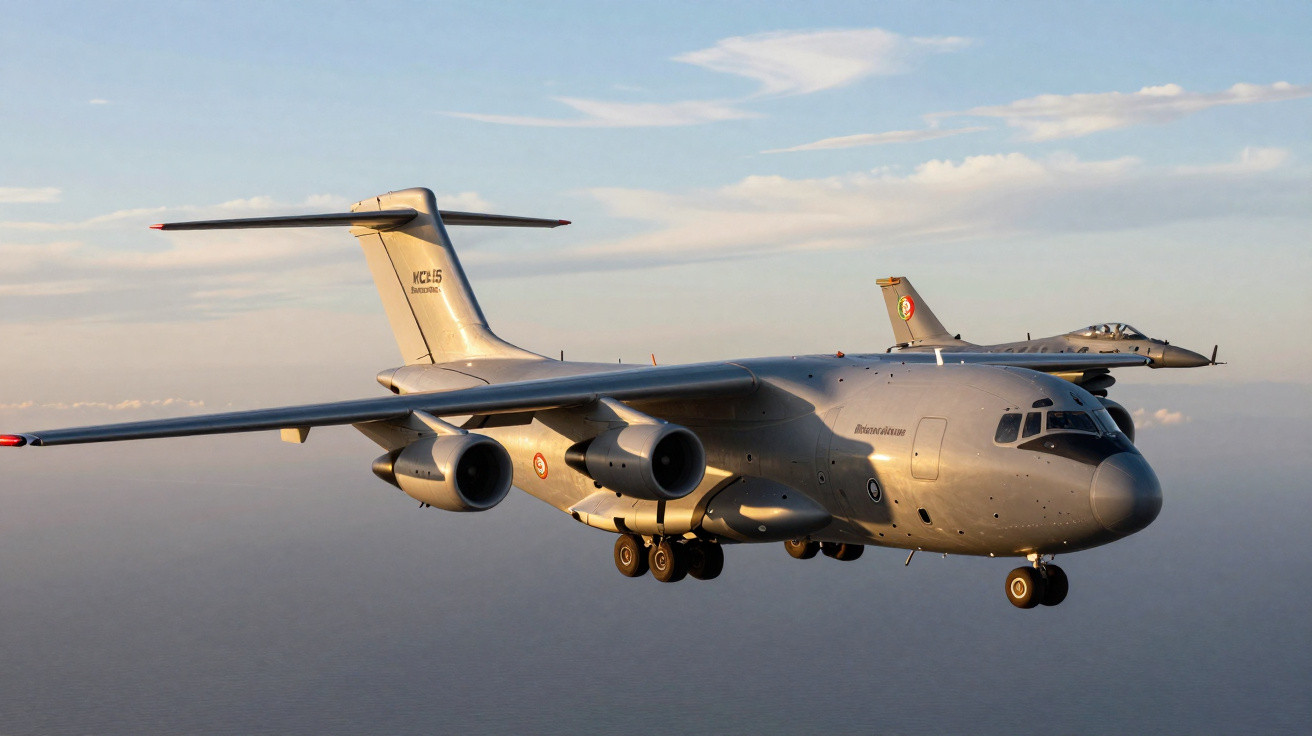 Avião militar de transporte VCR-15 voando ao lado de jato caçador em céu claro ao entardecer.