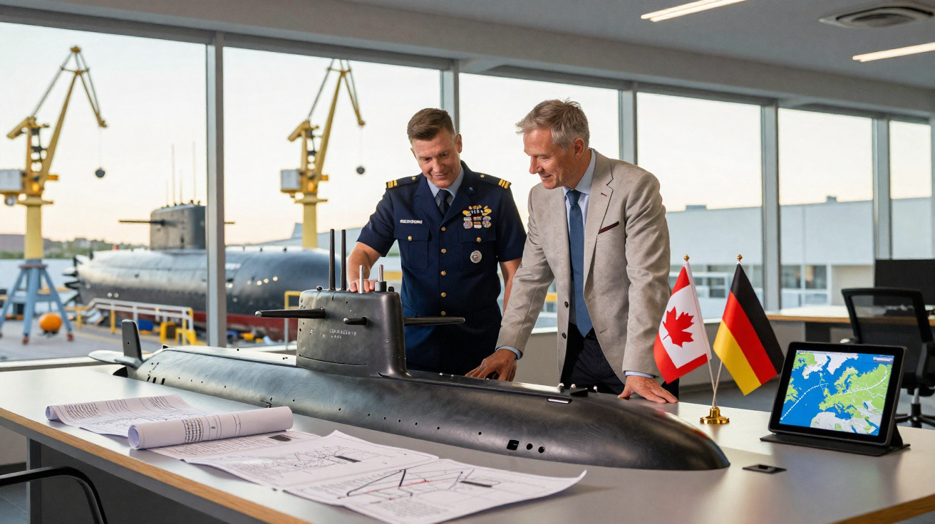 Dois homens discutem modelo de submarino em sala com vista para doca e submarino real, bandeiras do Canadá e Alemanha à mesa.
