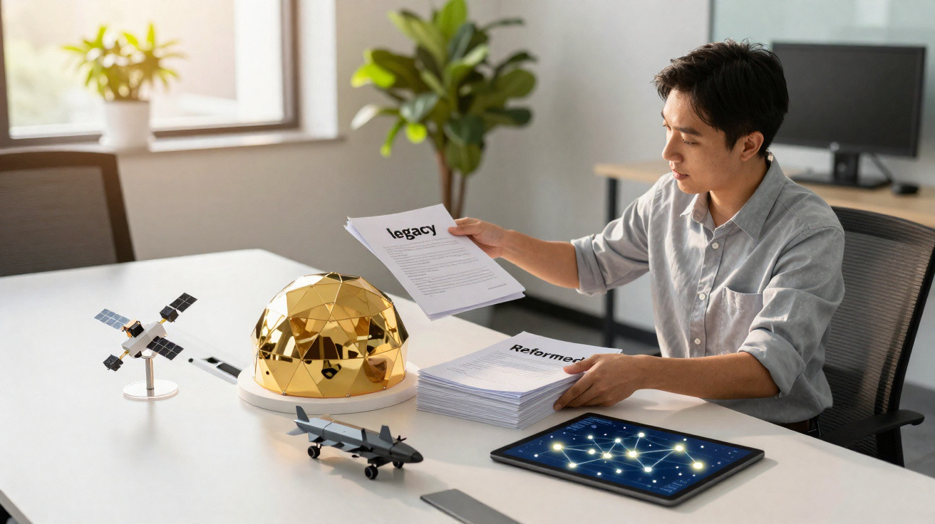 Homem em escritório analisando documentos sobre tecnologia com modelos de drone, satélite e tablet na mesa.