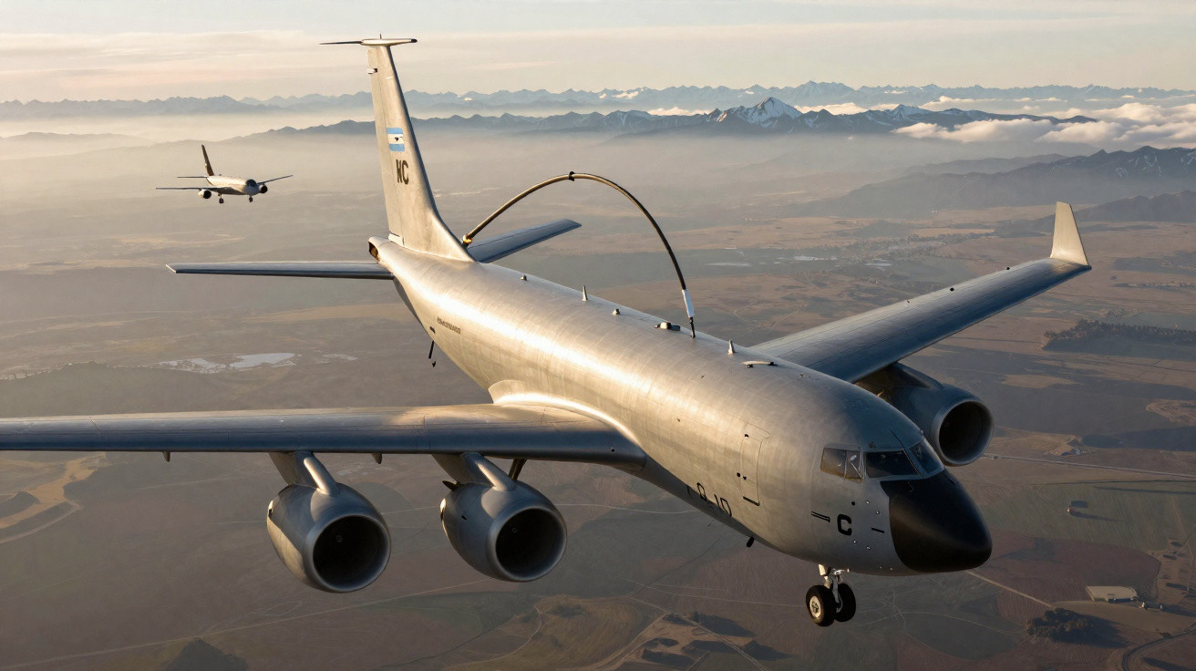 Avião militar de vigilância voando sobre campos com montanhas ao fundo em céu claro.