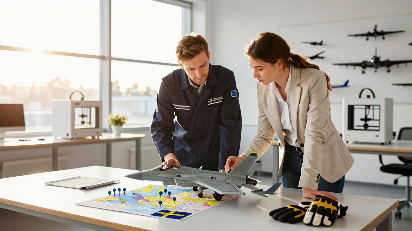 Dois engenheiros analisam modelo de avião militar sobre mesa com mapa estratégico em escritório moderno.
