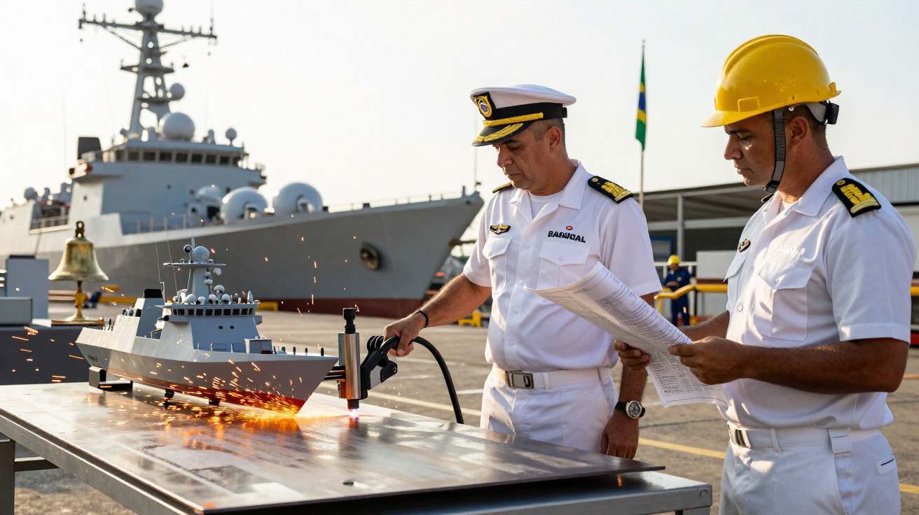 Dois oficiais da marinha trabalham em modelo de navio com maçarico, próximo a navio real no cais, com a bandeira do Brasil ao