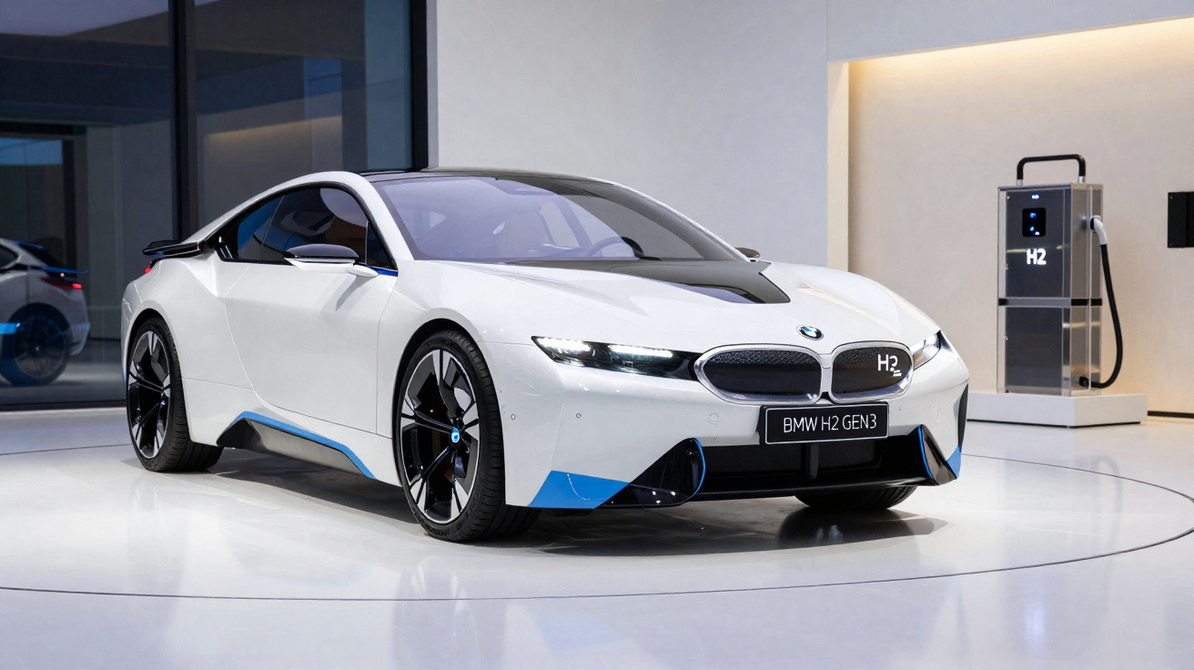 Carro esportivo elétrico BMW H2 Gen3 branco em exposição com estação de recarga de hidrogênio ao fundo.