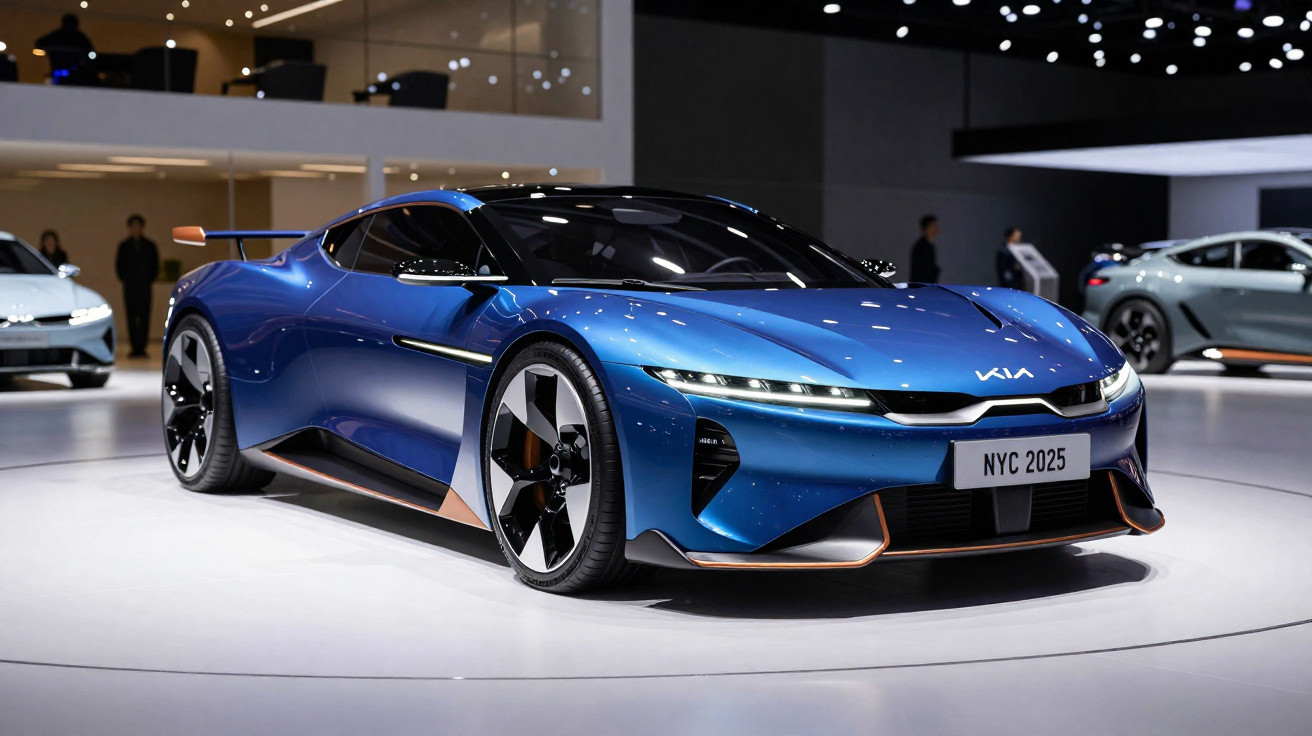 Carro esportivo azul metálico com design futurista em exposição interna, placa NYC 2025.