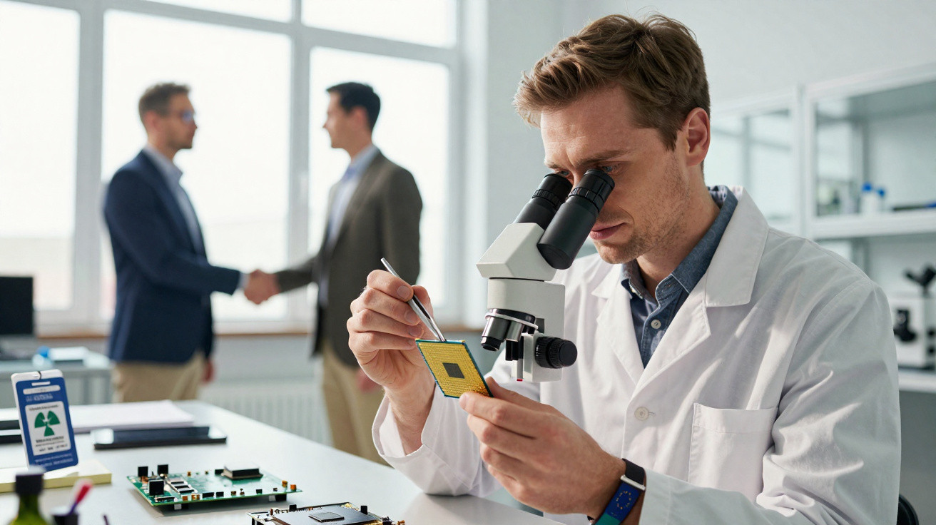 Cientista em jaleco usando microscópio para analisar chip, com dois homens ao fundo apertando mãos.