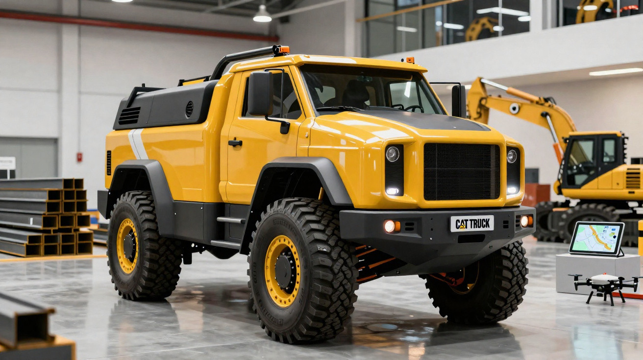 Caminhão off-road amarelo robusto em galpão industrial com drone e tablet ao lado.