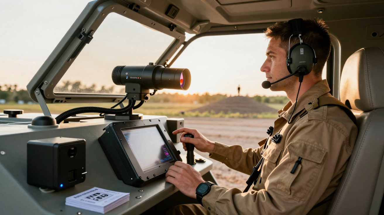 Homem em uniforme militar operando equipamento tecnológico dentro de veículo com headset e tela digital.