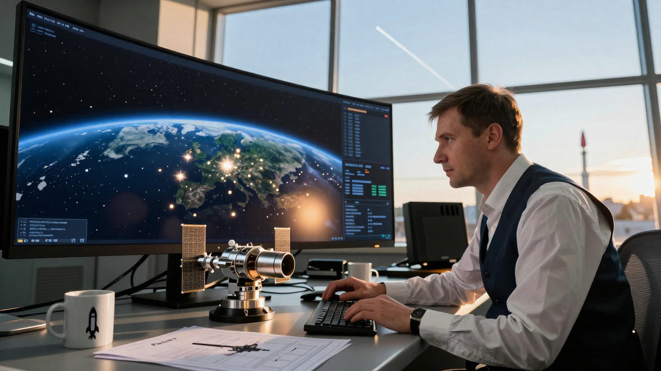 Homem trabalhando em computador com imagem da Terra e satélite em escritório moderno iluminado pelo pôr do sol.
