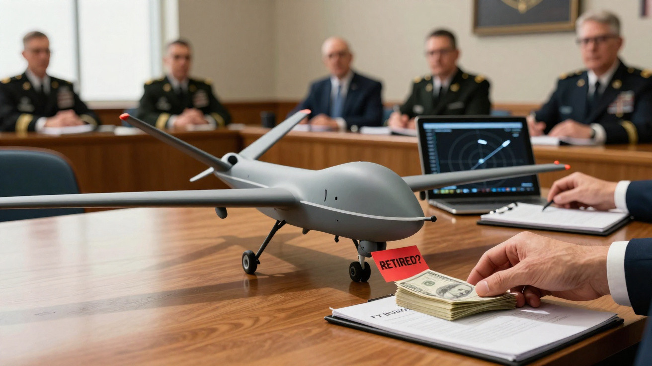 Modelo de drone sobre mesa com etiqueta "Retired?" e pessoas em reunião ao fundo.