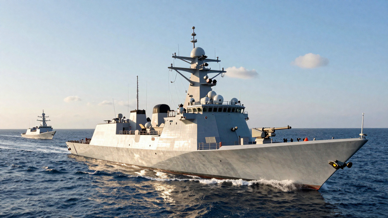 Dois navios de guerra cinza navegando no mar sob céu claro ao entardecer.