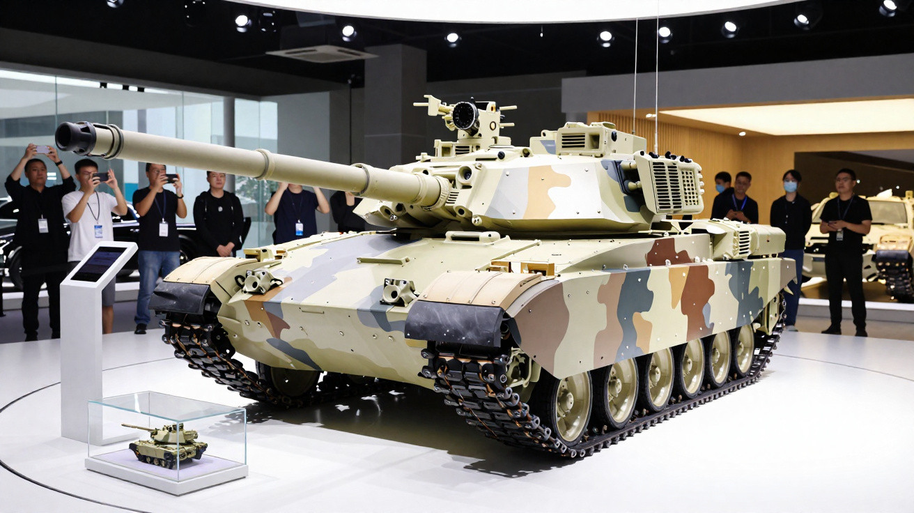 Tanque militar moderno com camuflagem em tons areia exibido em museu, com pessoas ao fundo observando.