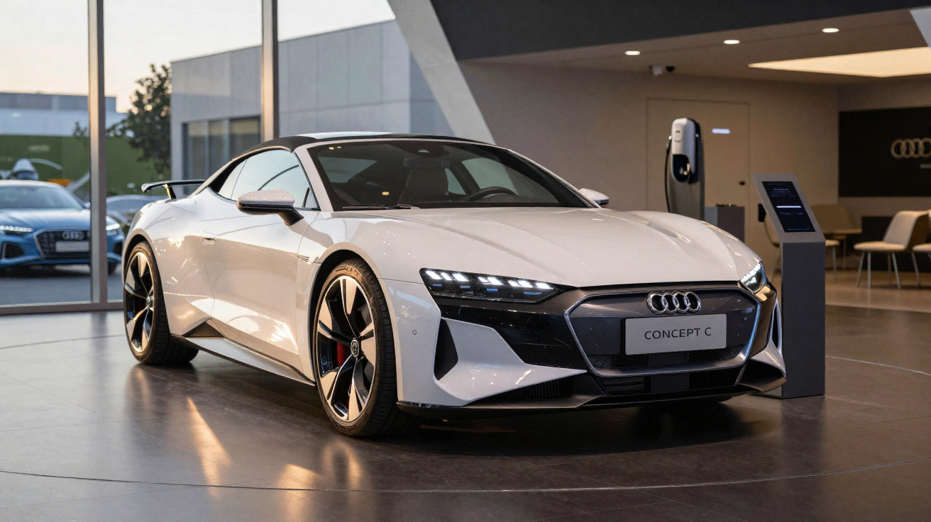 Carro esportivo elétrico Audi Concept C branco em exposição dentro de showroom moderno.