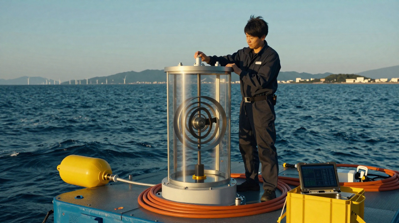 Homem operando equipamento científico transparente em plataforma flutuante no mar durante o dia.