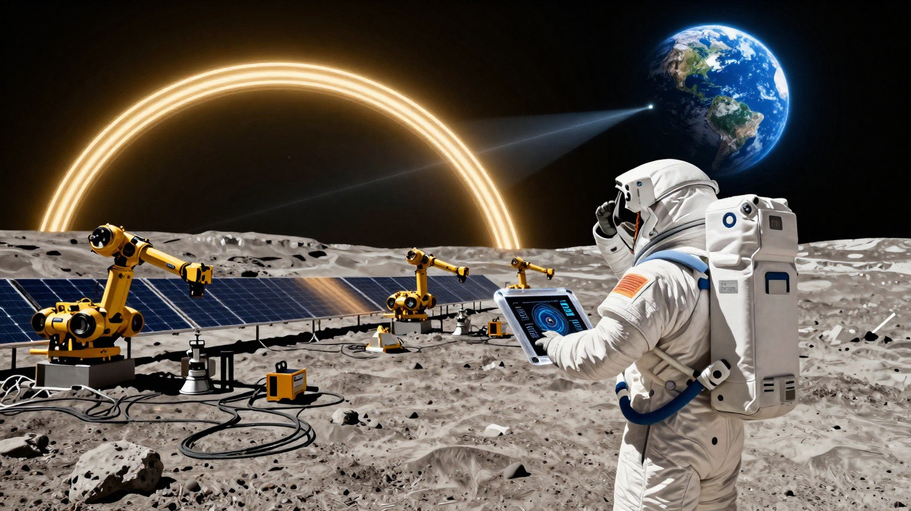Astronauta na superfície lunar usando tablet, robôs e painéis solares com Terra e anéis brilhantes ao fundo.
