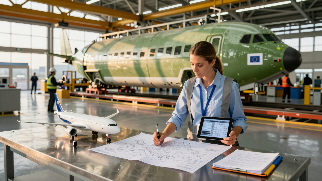 Mulher engenheira aérea analisa plantas e dados em tablet dentro de hangar com fuselagem de avião ao fundo.